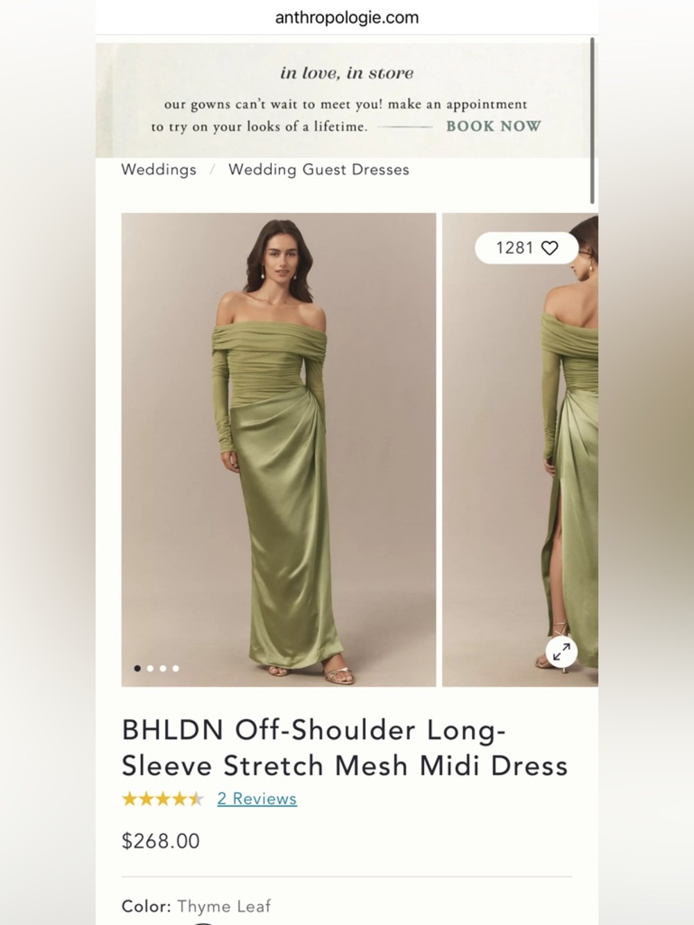 BHLDN Off-Shoulder Long-Sleeve Stretch Mesh Midi Dress